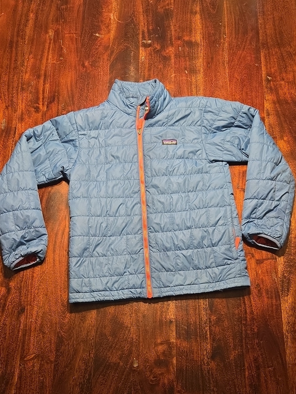 Patagonia Kids Light Blue Puffer Jacket with Orange Trim